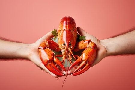 Hands holding fresh lobster on pastel background, fresh food ingredients, Healthy food, close upの素材
