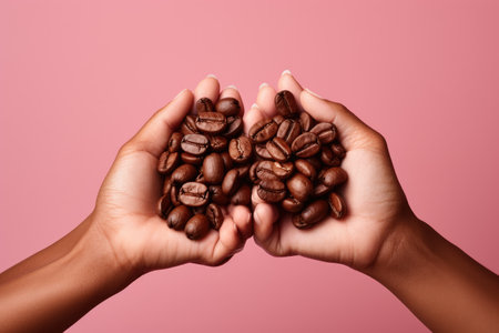 Hands holding coffee beans on pastel background, Organic fruits, Healthy food, close upの素材
