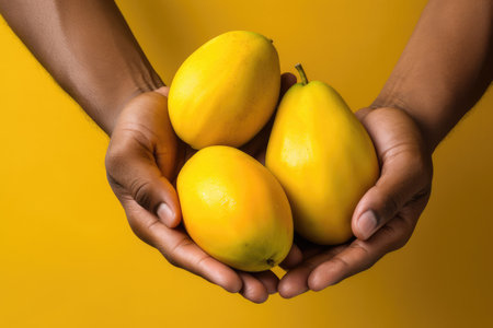 Hands holding mango fruit on pastel background, Organic fruits, Healthy food, close upの素材