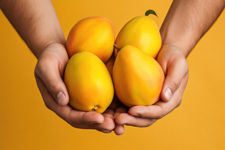 Hands holding mango fruit on pastel background, Organic fruits, Healthy food, close upの素材