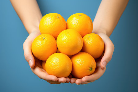 Hands holding citrus or orange fruits on pastel background, Organic fruits, Healthy food, close upの素材