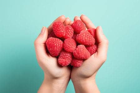 Hands holding raspberries on pastel background, Organic fruits, Healthy food, close upの素材
