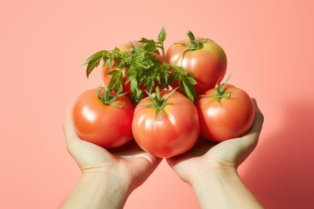 Hands holding tomato fruit on pastel background, Organic fruits, Healthy food, close upの素材