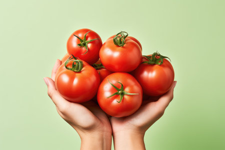 Hands holding tomato fruit on pastel background, Organic fruits, Healthy food, close upの素材