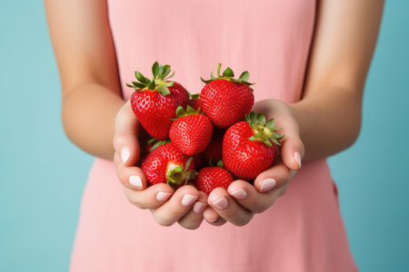 Hands holding strawberries on pastel background, Organic fruits, Healthy food, close upの素材