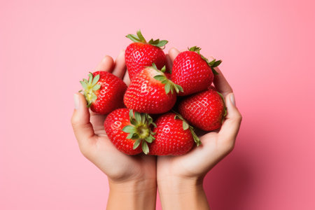 Hands holding strawberries on pastel background, Organic fruits, Healthy food, close upの素材