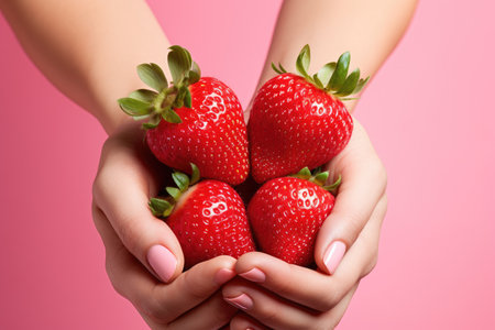 Hands holding strawberries on pastel background, Organic fruits, Healthy food, close upの素材