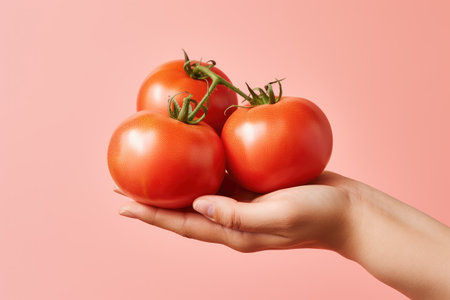 Hands holding tomato fruit on pastel background, Organic fruits, Healthy food, close upの素材