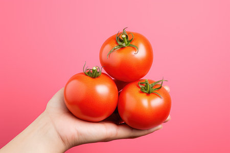 Hands holding tomato fruit on pastel background, Organic fruits, Healthy food, close upの素材