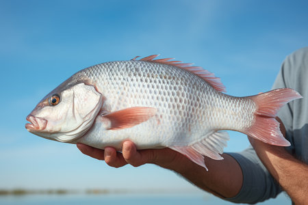Hands holding fresh tilapia fish on pastel background, fresh food ingredients, Healthy food, close upの素材