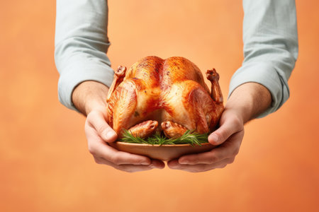 Hands holding fresh turkey meat on pastel background, fresh food ingredients, Healthy food, close upの素材