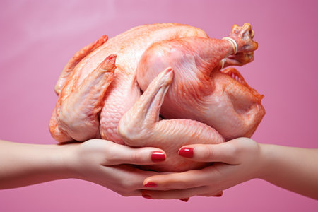 Hands holding fresh turkey meat on pastel background, fresh food ingredients, Healthy food, close upの素材