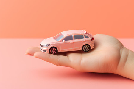 Hand holding car model isolated on pastel background with copy space, Car finance and insurance conceptの素材