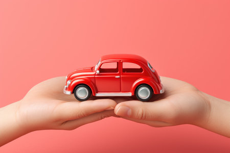 Hand holding car model isolated on pastel background with copy space, Car finance and insurance conceptの素材