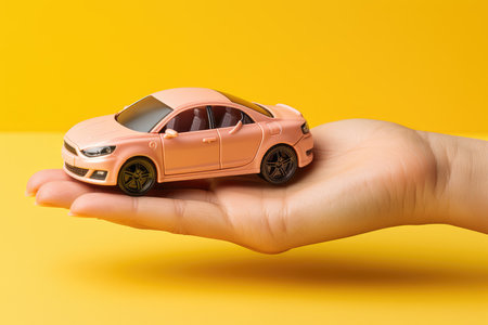 Hand holding car model isolated on pastel background with copy space, Car finance and insurance conceptの素材