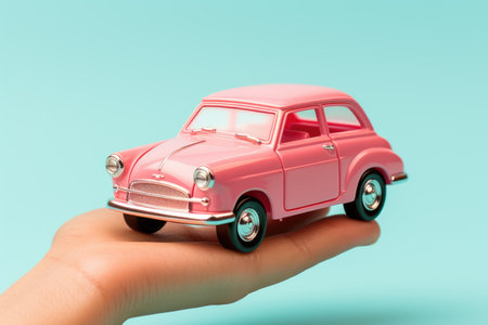 Hand holding car model isolated on pastel background with copy space, Car finance and insurance conceptの素材