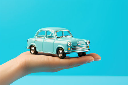 Hand holding car model isolated on pastel background with copy space, Car finance and insurance conceptの素材