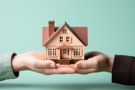Hand holding house model isolated on pastel background with copy space, house finance and insurance conceptの素材