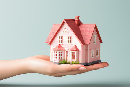 Hand holding house model isolated on pastel background with copy space, house finance and insurance conceptの素材