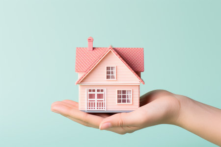 Hand holding house model isolated on pastel background with copy space, house finance and insurance conceptの素材