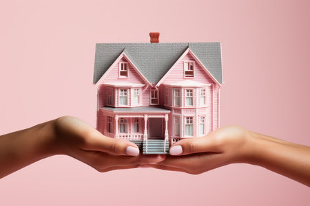 Hand holding house model isolated on pastel background with copy space, house finance and insurance conceptの素材