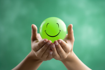 Hands holding happy smile face, mental health positive thinking and growth mindset, mental health care recovery to happiness emotion.の素材
