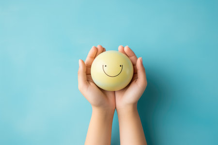 Hands holding happy smile face, mental health positive thinking and growth mindset, mental health care recovery to happiness emotion.の素材