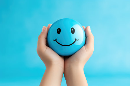 Hands holding happy smile face, mental health positive thinking and growth mindset, mental health care recovery to happiness emotion.の素材