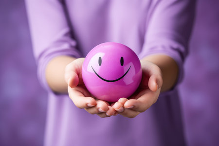 Hands holding happy smile face, mental health positive thinking and growth mindset, mental health care recovery to happiness emotion.の素材
