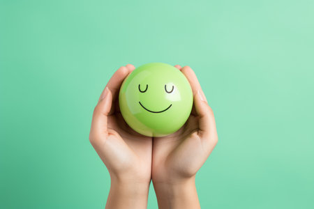 Hands holding happy smile face, mental health positive thinking and growth mindset, mental health care recovery to happiness emotion.の素材