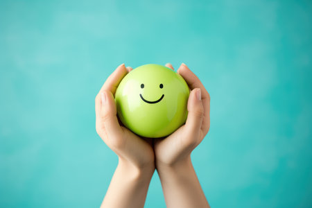 Hands holding happy smile face, mental health positive thinking and growth mindset, mental health care recovery to happiness emotion.の素材