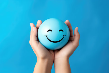 Hands holding happy smile face, mental health positive thinking and growth mindset, mental health care recovery to happiness emotion.の素材