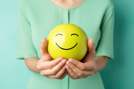 Hands holding happy smile face, mental health positive thinking and growth mindset, mental health care recovery to happiness emotion.の素材
