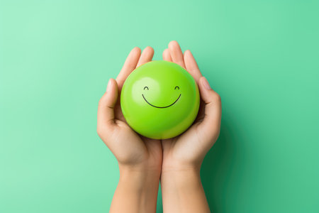 Hands holding happy smile face, mental health positive thinking and growth mindset, mental health care recovery to happiness emotion.の素材