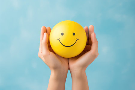 Hands holding happy smile face, mental health positive thinking and growth mindset, mental health care recovery to happiness emotion.の素材