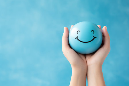 Hands holding happy smile face, mental health positive thinking and growth mindset, mental health care recovery to happiness emotion.の素材