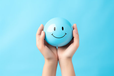 Hands holding happy smile face, mental health positive thinking and growth mindset, mental health care recovery to happiness emotion.の素材
