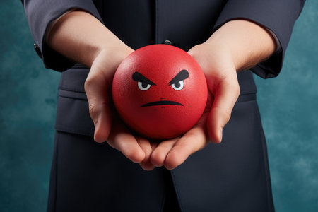 Hands holding unhappy smile face, Customer experience dissatisfied and testimonial concept.の素材