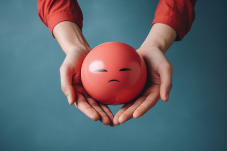 Hands holding unhappy smile face, Customer experience dissatisfied and testimonial concept.の素材