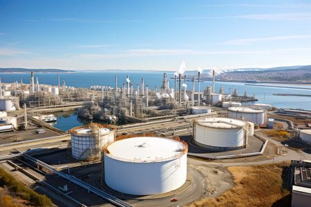 Oil and gas refinery in industrial area, oil and natural gas storage tanks, the refinery industry.の素材