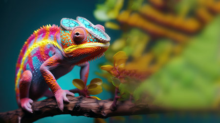 Colorful chameleon is crawling on a branchの素材