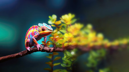 Colorful chameleon is crawling on a branchの素材