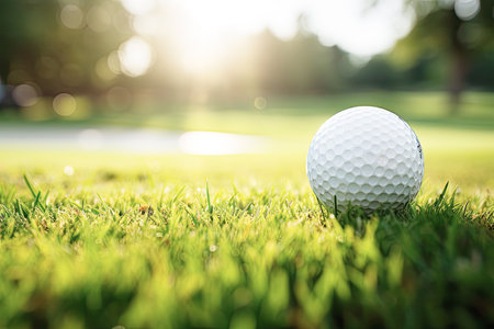 A golf ball on a golf course on a sunny morningの素材