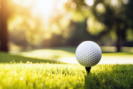 A golf ball on a golf course on a sunny morningの素材