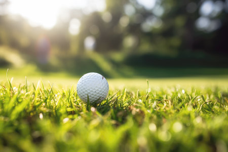 A golf ball on a golf course on a sunny morningの素材
