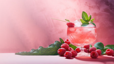 Raspberry Cocktail with fresh organic fruits and herbs, classic drink menu concept with Copy spaceの素材