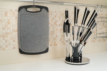 Set of six kitchen knives on a modern kitchenの写真素材
