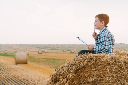 Little farmer on top of a straw bale holds a tablet with a letter and a pen in his hands on a background of hay balesの写真素材
