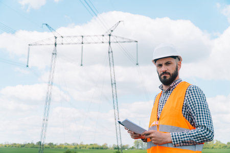Engineer working near transmission lines. Electricity pylons