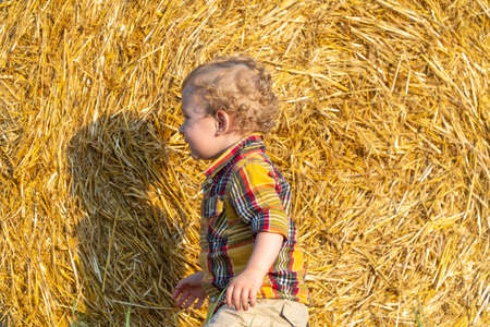 Little boy playing on a wheat field with balesの写真素材